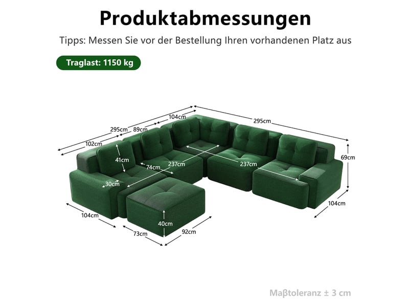 Canapé panoramique modulable modenvie 5 places avec ottomane en velours côtelé vert, convertible, 295 x 295 x 69 cm - Conforama C