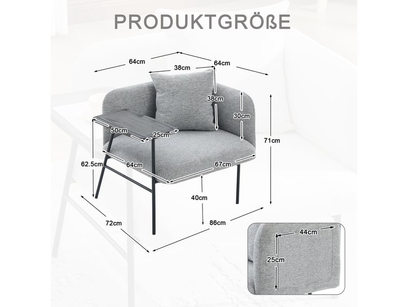  Fauteuil d'appoint gris en tissu chenille avec table d'appoint intégrée, style scandinave  - Conforama D