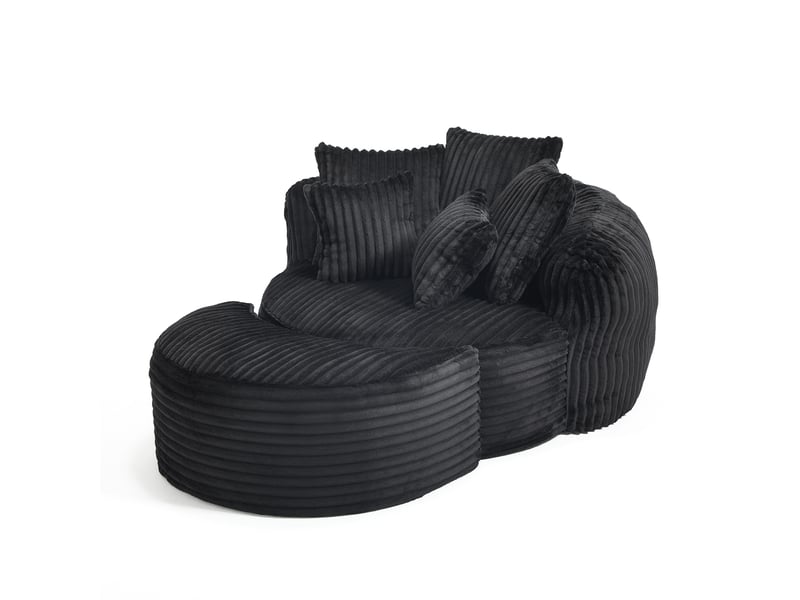  Fauteuil rond sans pieds en chenille noire avec cinq coussins et repose-pieds  - Conforama A