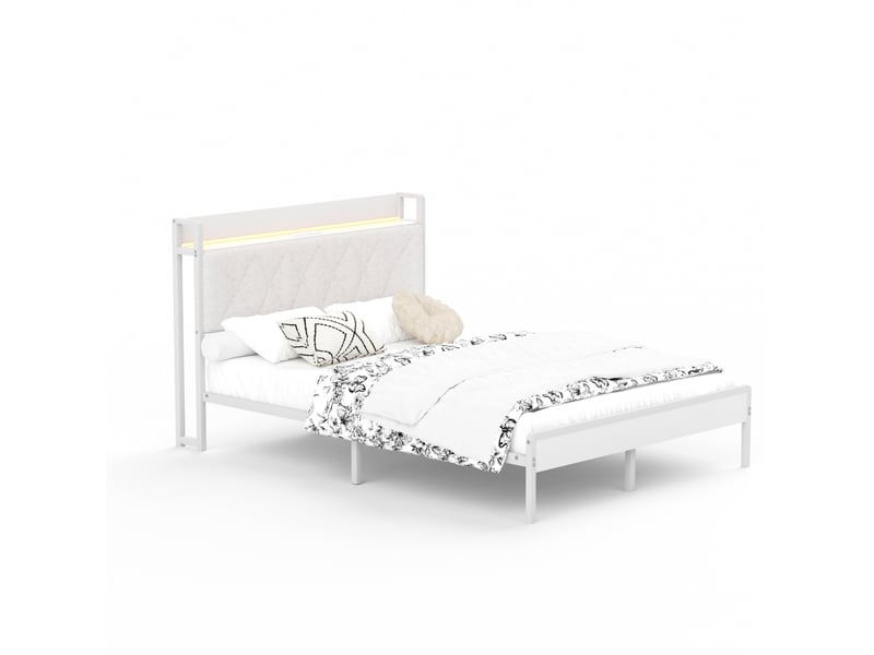  Lit rembourré 140 × 190 cm 2 places avec led, usb, rangement sous le lit, sans matelas, blanc  - Conforama A