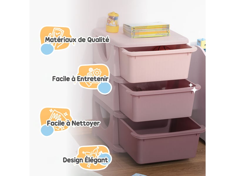  Organisateur de jouets pour enfants avec tiroirs à 3 niveaux, boîtes de rangement en plastique, rose, 37 x 37 x 56,5 cm  - Conforama W