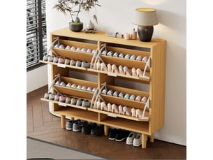 Meuble à chaussures - rotin pliant avec tiroirs intégrés - fonctionnel pour entrée - bois clair - poignées métal