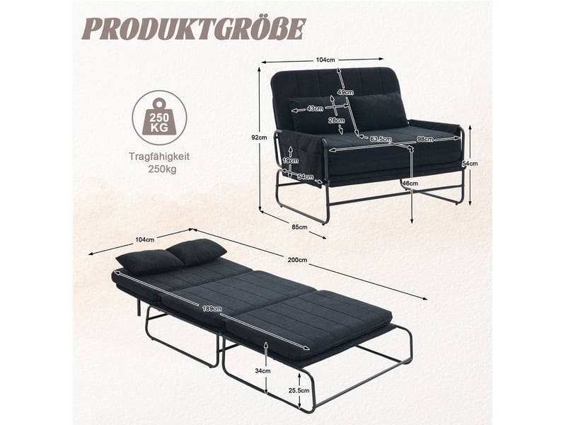  Canapé convertible deux places modenvie en chenille noire avec structure métallique et poches latérales, 104 x 85 x 92 cm  - Conforama C
