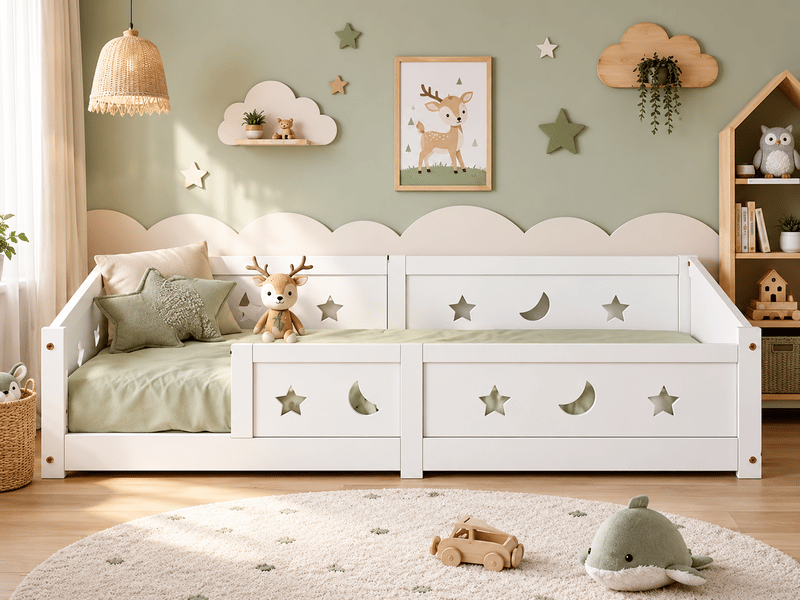  Lit au sol enfant 90x200 lit montessori au sol en bois massif avec barrière de sécurité et sommier à lattes  - Conforama B