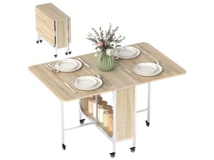 Table de cuisine pliante à roulettes avec abattant et étagère, table pliante pour salon, 130 x 80 x 74 cm, bois naturel