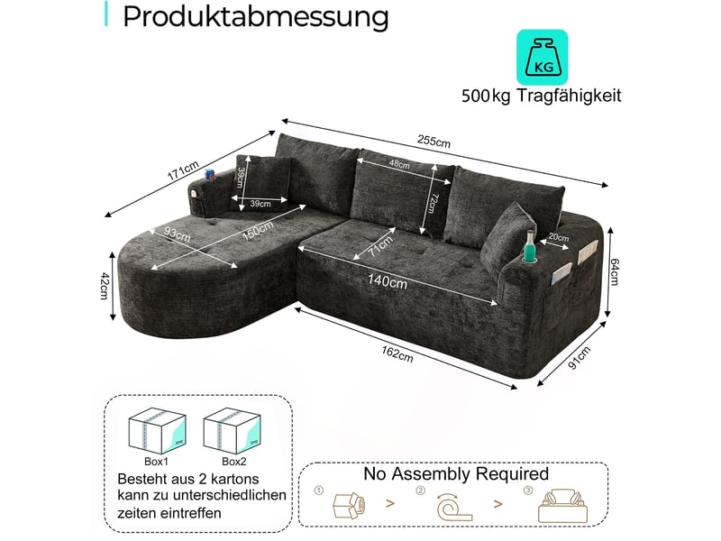  Canapé d'angle modulable noir en tissu lin, design contemporain avec porte-gobelet inox et pochettes de rangement intégrées  - Conforama C