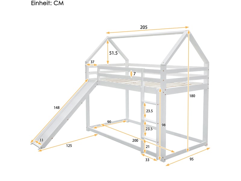  Lit superposé enfant maison 90x200 cm, toboggan et échelle, bois coloris blanc, sans matelas  - Conforama C