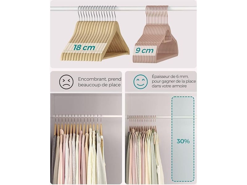  Cintre en velours, lot de 50, antiglisse, barre à cravate, crochet pivotant 360°, épaisseur 0,6 cm, longueur 43,5 cm, pour manteau, robe, pantalon, marron clair et rose gold  - Conforama D