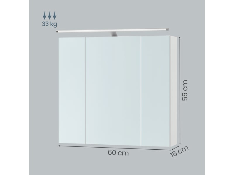 Armoire murale pour salle de bain, 3 portes miroir, avec éclairage, étagères ajustables, 15 x 60 x 55 cm, blanc  - Conforama D
