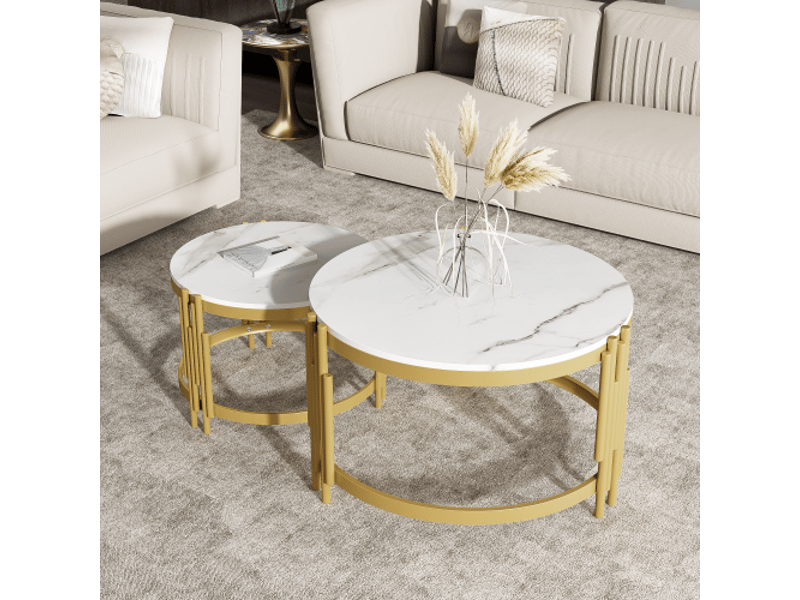  Tables basses modulables, tables rondes, aspect marbre, structure en métal doré, disponibles en deux tailles  - Conforama B