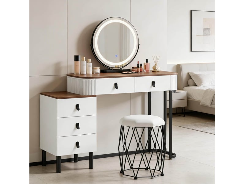  Coiffeuse avec miroir led 3 niveaux, 5 tiroirs et tabouret, pour chambre, 125 × 40 × 100 cm, blanc et marron  - Conforama C