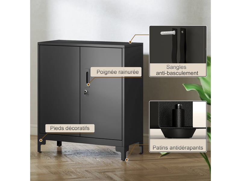  Armoire de bureau à 2 niveaux, meuble de rangement bureau métallique avec 2 portes verrouillables, noir, 80 x 35 x 91 cm  - Conforama R