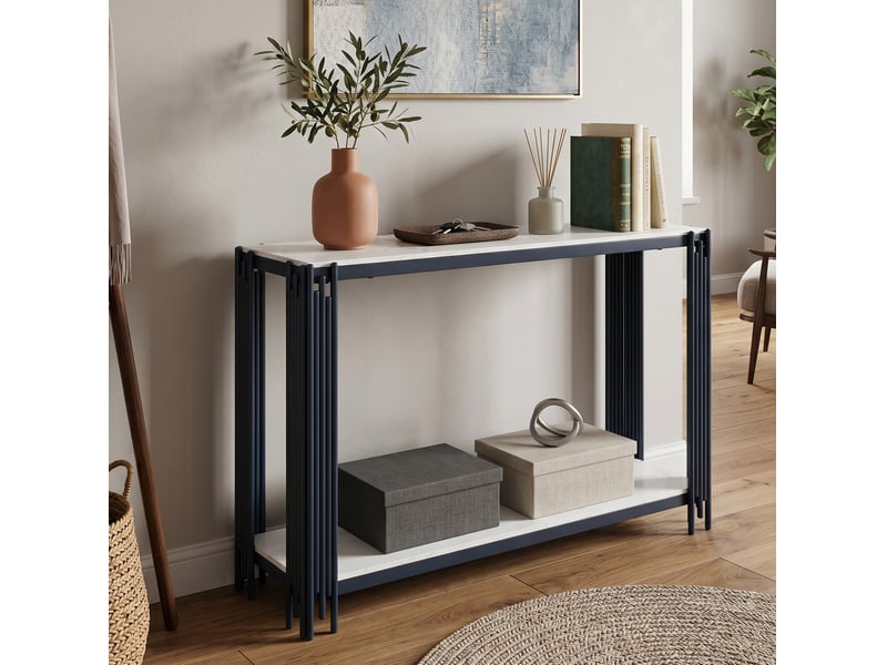  Console d'entrée à 2 niveaux effet marbre blanc et métal noir mat - 123,5 x 33,5 x 80 cm  - Conforama C