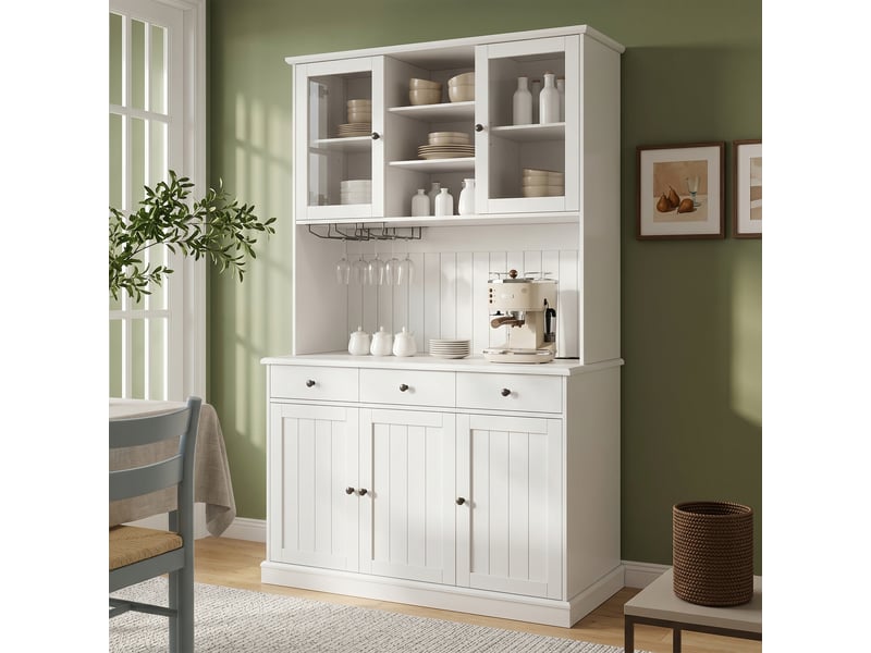  Armoire de cuisine salle à manger 120cm avec portes en verre et prises usb, armoire de rangement cuisine, vaisselier moderne blanc et noir  - Conforama D