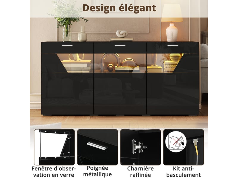  Buffet de rangement 160x38x78 cm, éclairage led, 3 portes, éléments vitrés, finition brillante pour salon et salle à manger - noir GL008867S - Conforama D