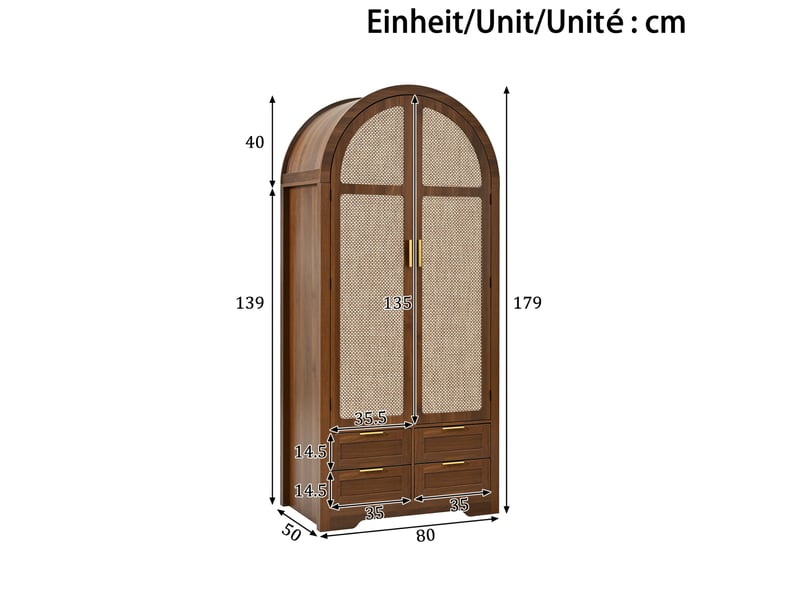  Armoire 2 portes avec panneaux en rotin  80 x 50 x 179 cm, penderie, étagères et 4 tiroirs, noyer  - Conforama C
