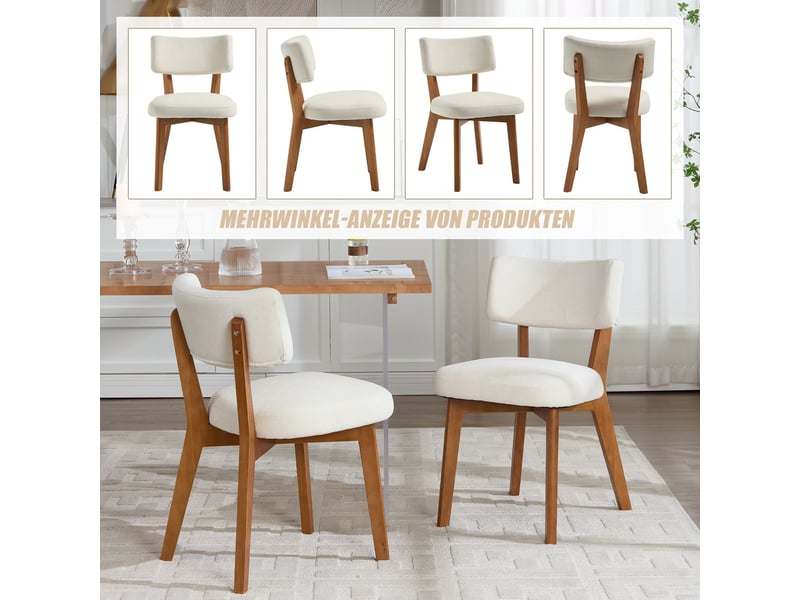 Chaise de salle à manger style mid-century moderne pieds en bois massif assise rembourrée en tissu revêtement en lin beige - Conforama E