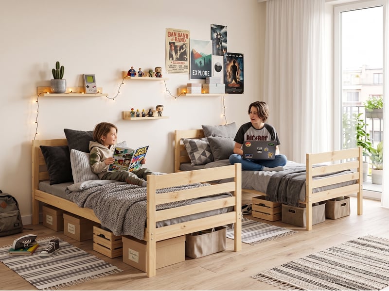  Lit superposé séparable 90x190 cm eric interbeds - bois massif de pin avec barrière, sommier et tiroir - pin naturel  - Conforama B