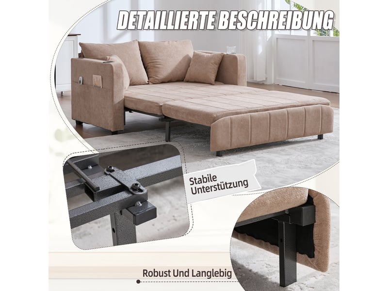 Canapé convertible chenille khaki 139x83cm - canapé lit extensible 3 places avec rangement et coussins inclus - Conforama D