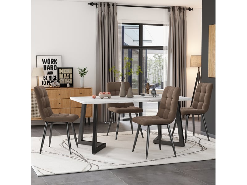  Ensemble table et 4 chaises en velours marron, plateau mdf blanc effet marbre, pieds métal noir pour repas  - Conforama B