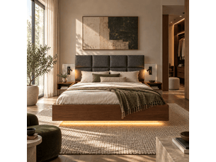 Lit double rembourré 180×200 cm avec tête de lit en lin gris, tables de chevet suspendues, led d’ambiance, usb-a-c et liseuses tactiles - aspect noyer
