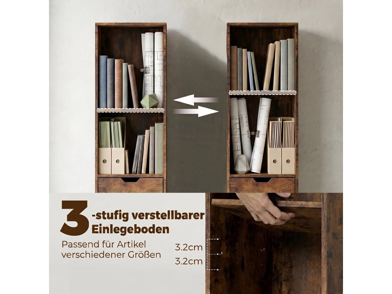 Bibliothèque à 6 niveaux, réglable sur 3 niveaux, avec tiroir, porte d'armoire, étagère personnalisable, étagère d'exposition, marron  - Conforama E