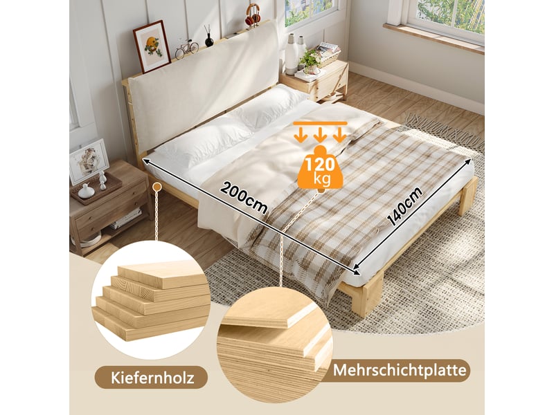  Lit enfant capitonné 140x200 cm naturel, appui velcro, sommier stable et pieds renforcés  - Conforama E