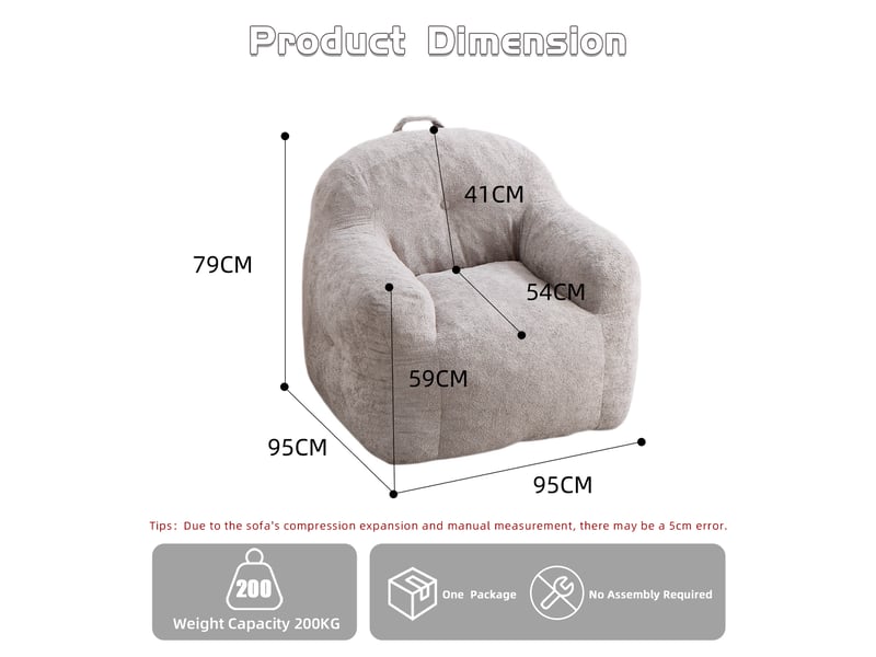  Pouf en fausse fourrure avec accoudoirs, sans assemblage, salon chambre lecture, gris clair  - Conforama E