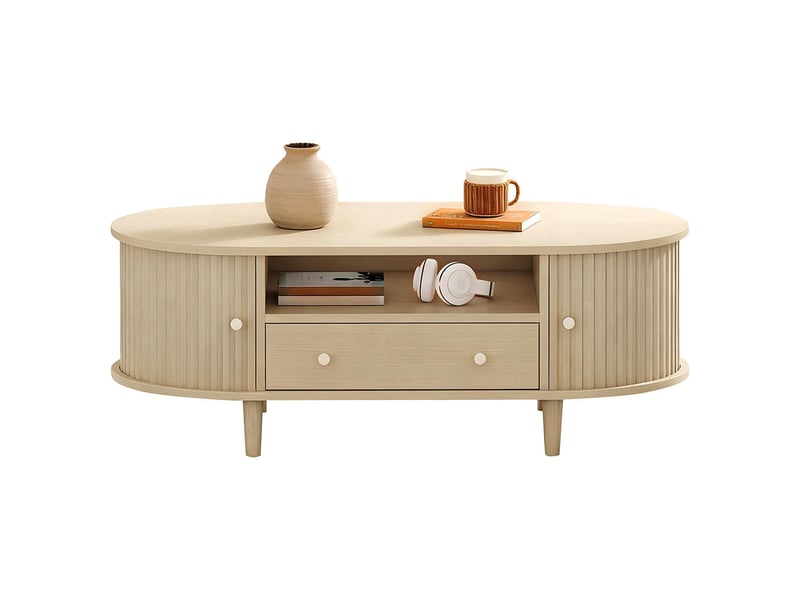  Table basse avec un tiroir et des espaces de rangement ouverts, 4 pieds, couleur chêne  - Conforama A