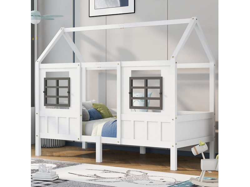  Lit maison 200x90 cm avec 2 fenêtres, bois, blanc sans matelas  - Conforama B