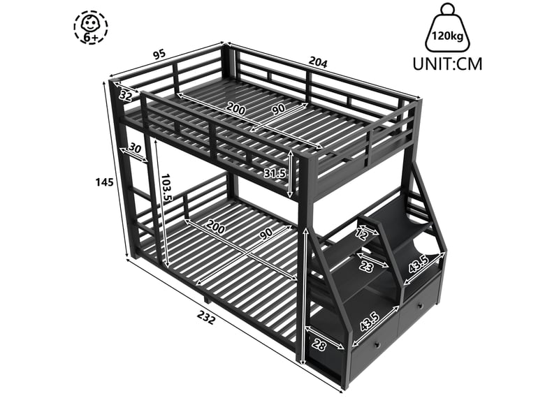  Lit superposé 90x200 cm en métal noir avec éclairage led et 2 tiroirs  - Conforama E