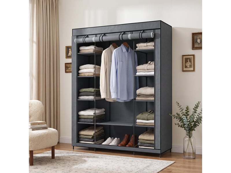  Armoire gain de place en tissu avec penderie et 11 étagères, 135 x 45 x 175 cm, pour la chambre, grise  - Conforama D