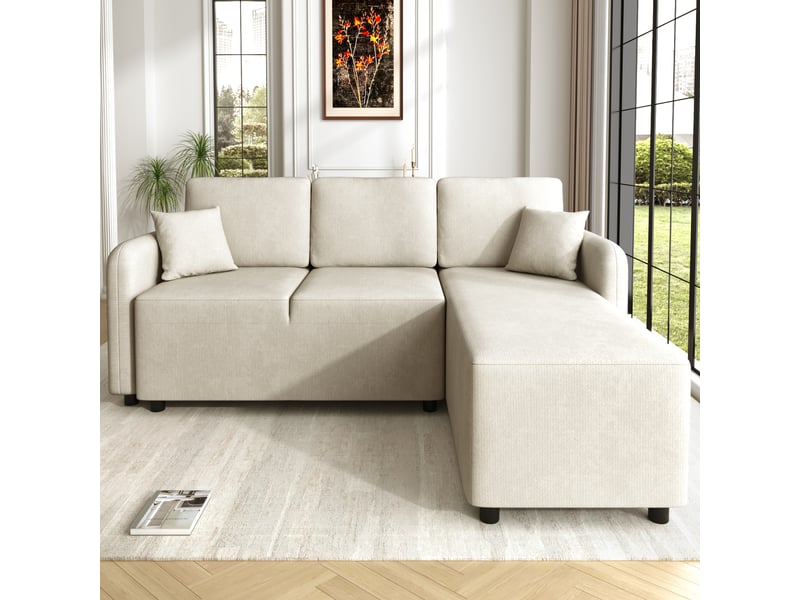 Canapé d'angle en l 3 places 188 cm en chenille beige clair, méridienne 144 cm et 2 coussins Fay Lum - Conforama B