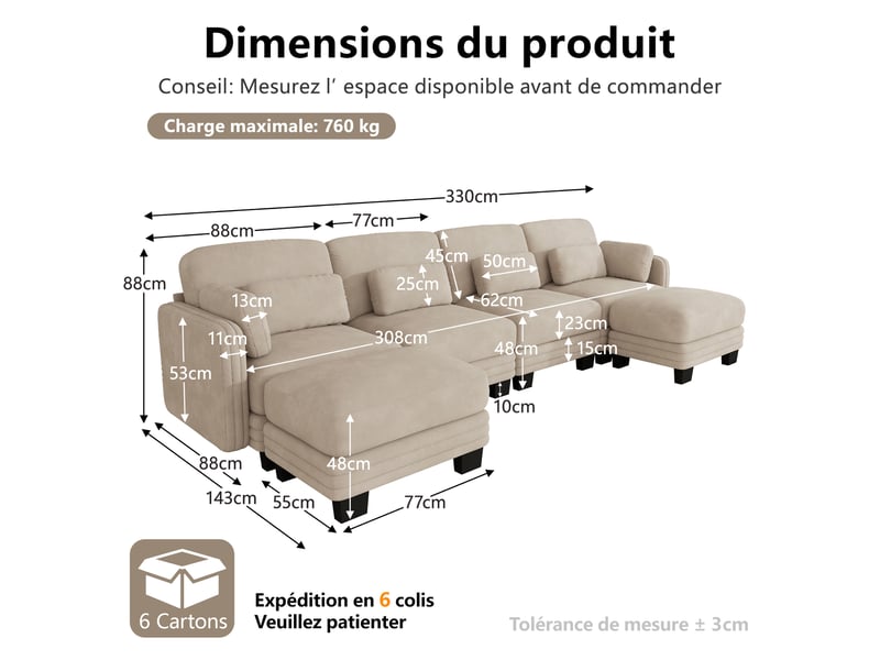  Canapé panoramique modulable 330 cm 4 places avec 2 poufs, coussins d’accoudoir amovibles, coussins lombaires épais, chenille, marron clair  - Conforama D