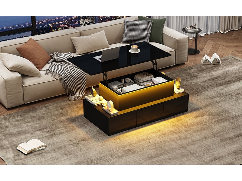  Table basse salon relevable 100x50x40 cm avec 4 tiroirs et led, table de salon avec espace de rangement caché, brillante noir, mdf  - Conforama W