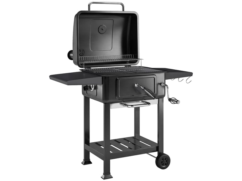  Barbecue à charbon avec couvercle et thermomètre, fumoir à cheminée réglable, chariot mobile  - Conforama B