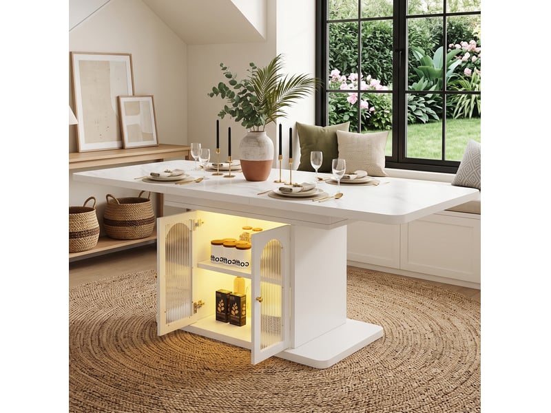  Table à manger extensible 150 à 200 cm, rangement led, blanche effet marbre  - Conforama E