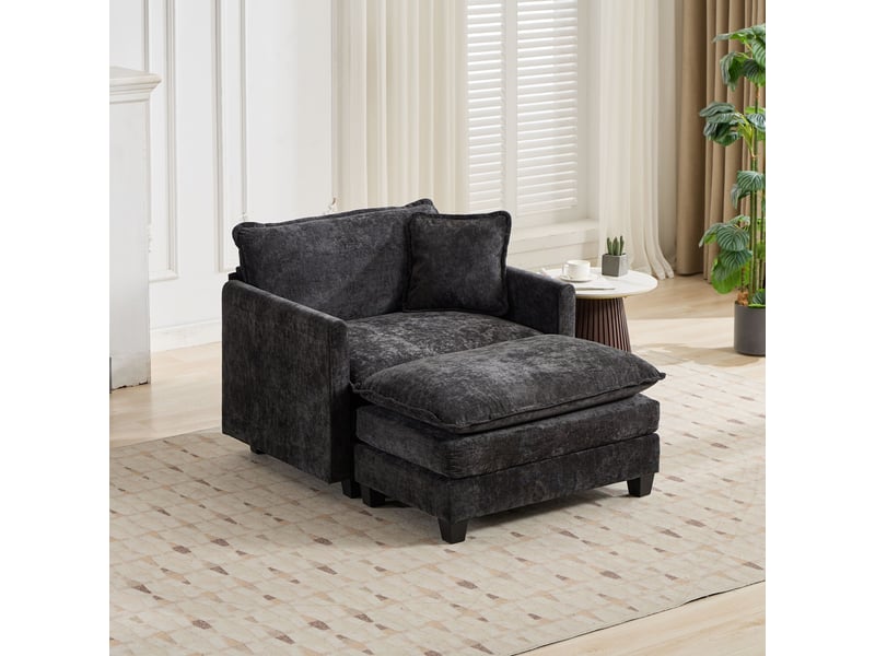 Canapé 1 place en chenille noire, coussin d'assise double couche, structure modulable pour salon ,pouf non inclus - Conforama W