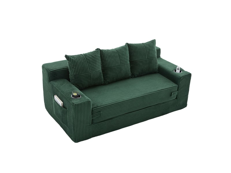  Canapé modulaire 2 places sans cadre avec porte-gobelets et poches latérales, assise en mousse, en velours côtelé vert émeraude  - Conforama A