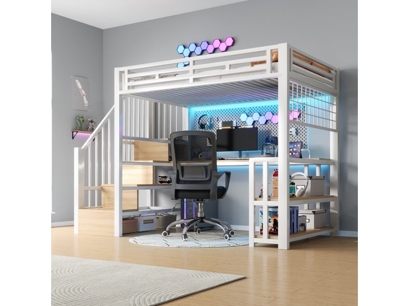  Lit mezzanine enfant 90x200cm, avec bureau, escalier de rangement, grille suspendue, led, 2 usb et 1 usb-c, métal, blanc evarich - Conforama E