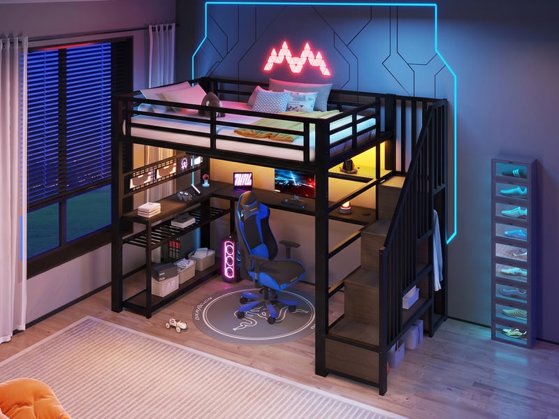 Lit mezzanine gaming 90x200 cm, bureau, armoire, escalier de rangement, étagères et led rgb, métal et mdf, noir - Conforama B
