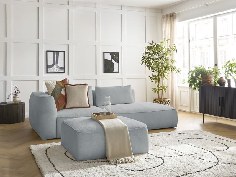  Bobochic canapé droit fixe 3 places leopold tissu texturé avec pouf gris clair  accoudoir gauche LEOPOLD - Conforama B
