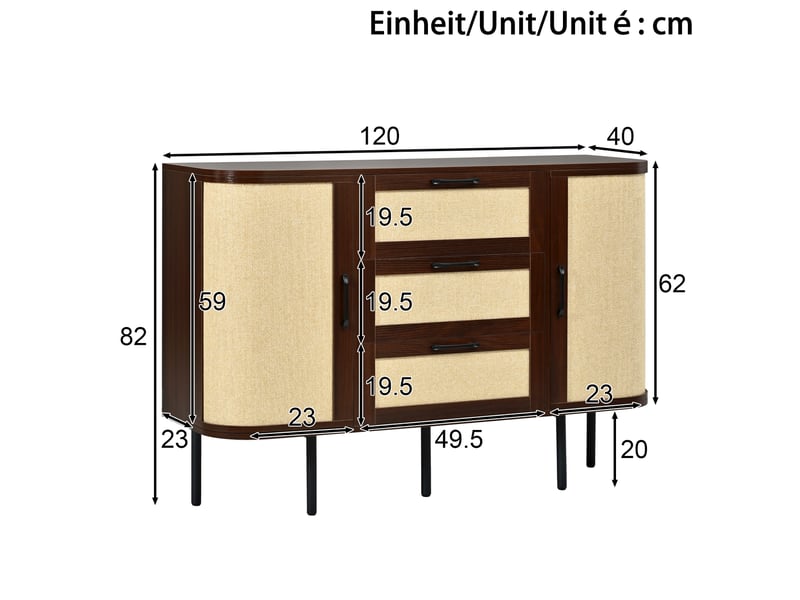  Meuble tv et buffet avec rangements fermés et tiroirs, poignées noires, pieds en métal, mdf noyer, pour salon  - Conforama D