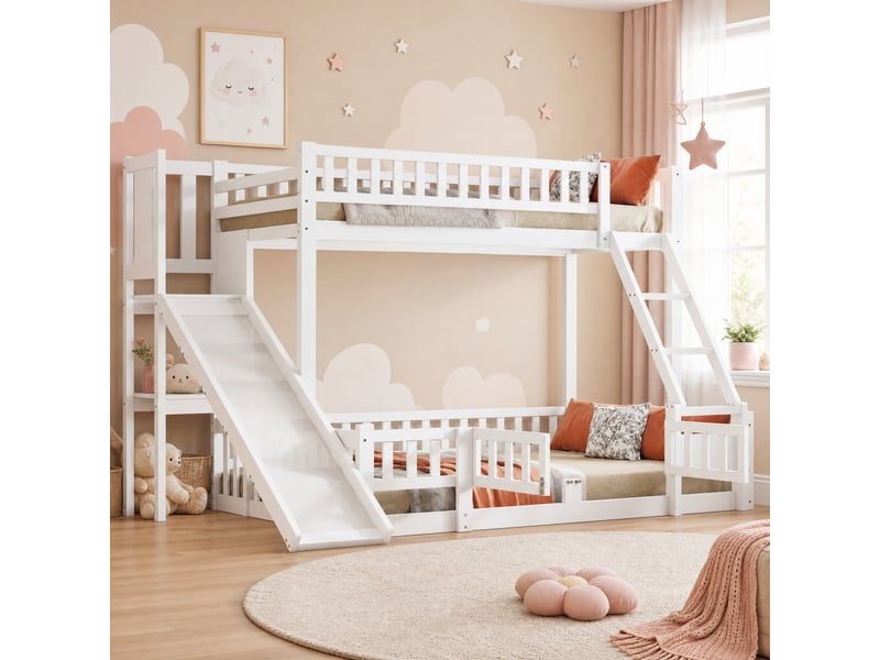 Lit superposé enfant 140×200 et 90×200 cm, toboggan et étagères - sans matelas, pin et mdf - blanc - Conforama B