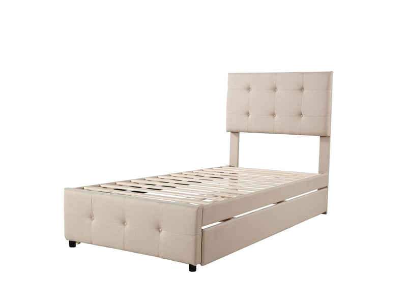  Lit gigogne 90x200 cm tête de lit réglable - lit simple - tissu lin respirant, design classique élégant pour enfant invité beige  - Conforama E
