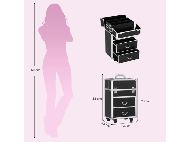  Valise de maquillage professionnelle à roulettes, avec serrure et 2 clés, noire, 36 x 23 x 52 cm  - Conforama E