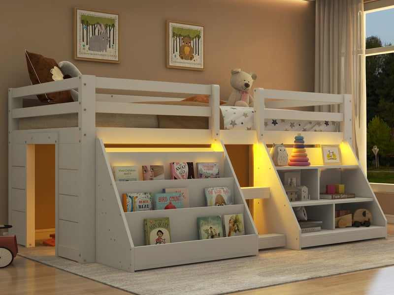  Lit mezzanine enfant 90x200 cm, étagères de rangement, barrière de sécurité, échelle et led, blanc en bois  - Conforama B