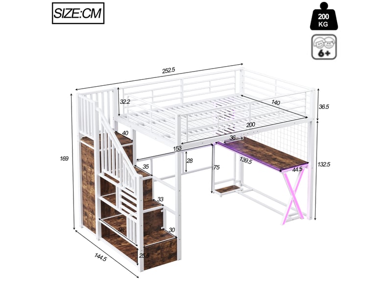  Lit mezzanine 140 x 200 cm avec bureau, armoire, échelle et éclairage led blanc  - Conforama C