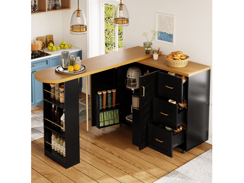 Meuble bar extensible avec 2 portes, 3 tiroirs, 1 panier et roulettes, pour cuisine et salon, 135 × 39 × 104 cm - Conforama B