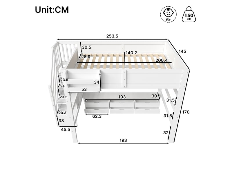 Lit mezzanine 140x200 cm - grand rangement - 6 tiroirs - barrière de sécurité - bois - structure multifonction - pour chambre enfant - blanc CozyNest - Conforama D
